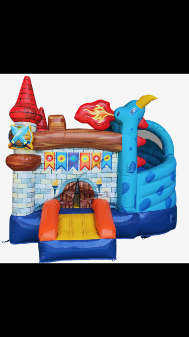 Hüpfburg Drachenland Buntes Hüpfburg-Design mit Turm und Rutsche, ideal für Kinder.